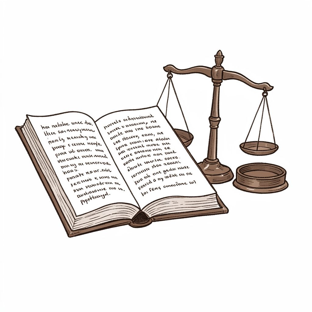 Ручная тушь-иллюстрация: раскрытая книга с текстом закона, рядом весы правосудия, сдержанная серо-коричневая гамма